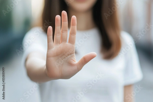 Fototapeta Woman Gesturing Stop with Open Hand