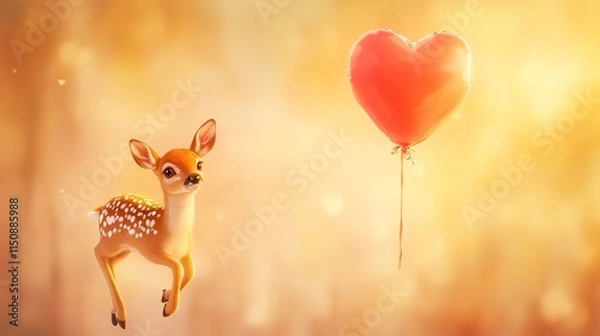 Fototapeta Adorable floating deer holding a heart-shaped balloon in a whimsical woodland setting. Valentine's Day concept with a cute forest animal, romantic and heartwarming. Dreamlike atmosphere with soft colo