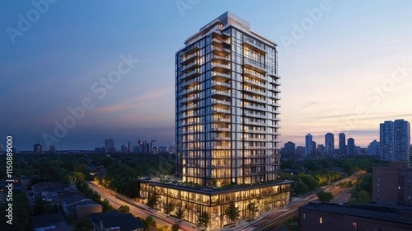 Fototapeta Modern high-rise apartment building at dusk, city skyline in background.