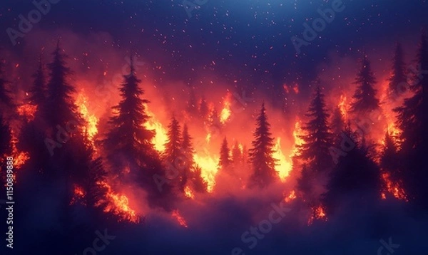 Obraz Intense wildfire burning through a dense coniferous forest at night.