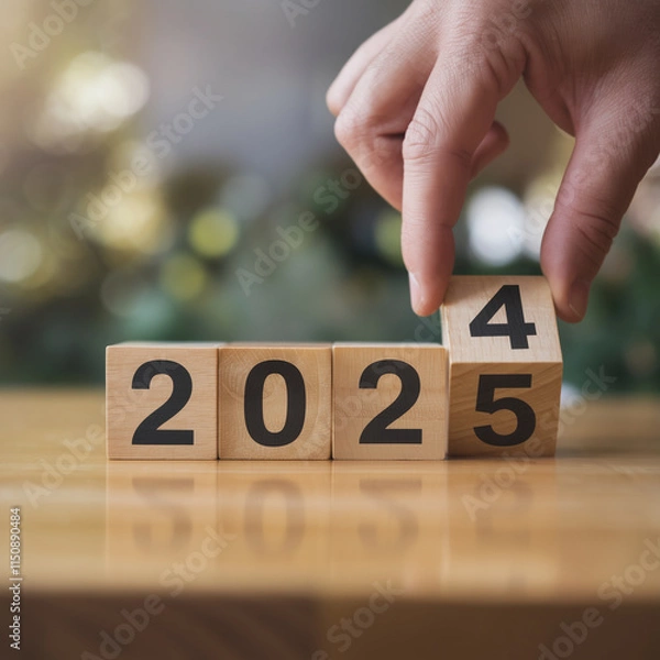 Fototapeta Hand Flipping Block to Change Year to 2025