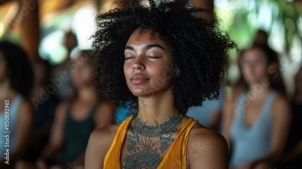 Fototapeta Serene Meditation Circle: Close-up of People Practicing Mindfulness and Deep Breathing Together in Community Gathering