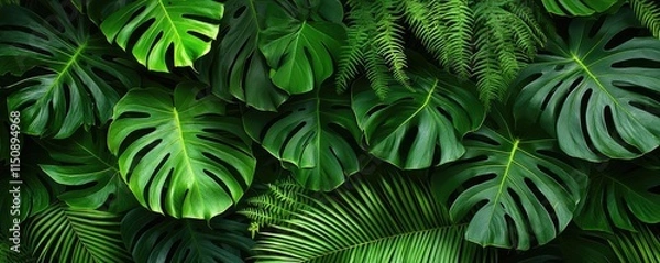 Fototapeta Greenery palms idea. A lush arrangement of diverse green foliage creating a vibrant natural background.