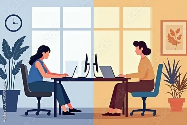 Fototapeta A split-screen vector showing a professional working remotely on one side and attending an in-person meeting on the other