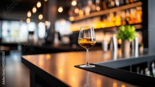 Fototapeta Elegant Glass of Whiskey on Bar Counter in Modern Lounge with Stylish Lighting and Warm Atmosphere, Perfect for Cocktail and Nightlife Themes