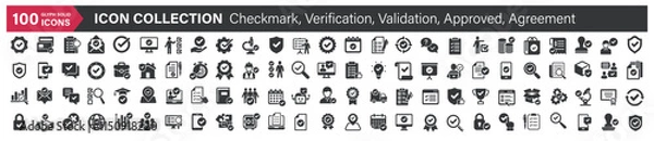 Fototapeta Big icons collection. Containing Checkmark, Verification, Validation, Approved, Agreement. Glyph solid style series icon