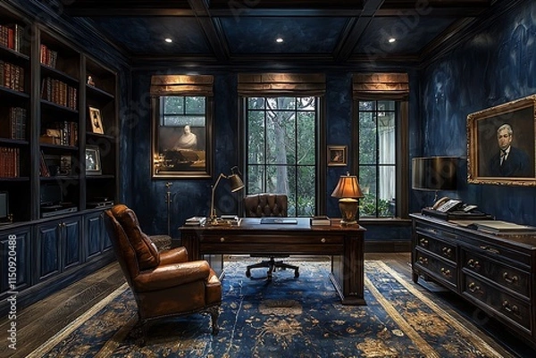 Obraz Venetian plaster with an aged look in deep indigo, paired with elegant furniture and artwork in a luxury study