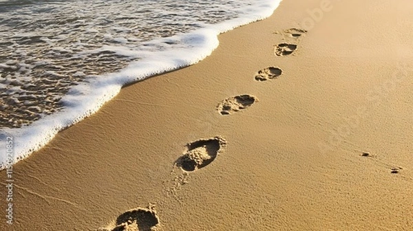 Fototapeta Sandy footprints emerging from the ocean, creating a natural trail across the beach surface in detail
