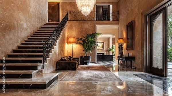 Obraz Warm beige Venetian plaster walls in an opulent foyer with a grand chandelier overhead