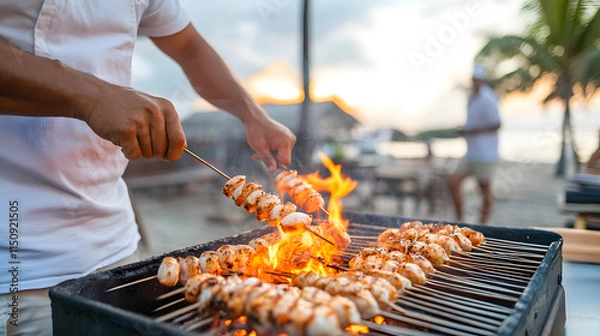 Obraz man grilling seafood skewers over open flame at sunset