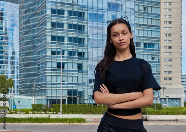 Fototapeta A woman with sunglasses on her head, dressed in a black T-shirt and dark pants, stands with her arms crossed in front of a modern office building with glass windows.