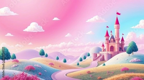 Obraz colorful world with pink landscape vector. Fantasy magic pink with cloud in sky and castle environment. 