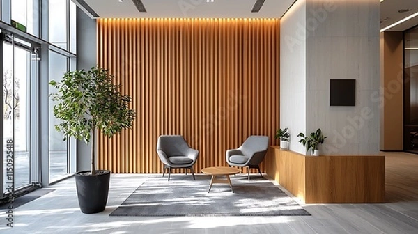 Obraz Wooden slat panels in a light finish, forming a clean and contemporary feature wall in a luxury office