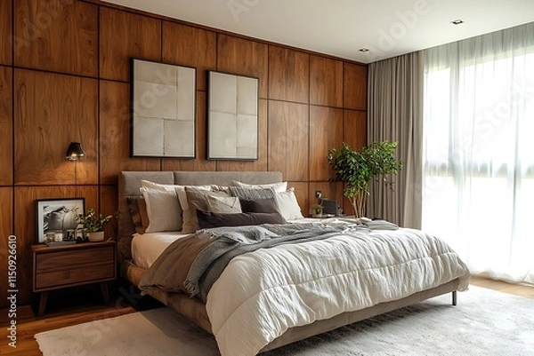 Obraz Wooden wall panels in a deep walnut finish, creating a rich, elegant vibe in a luxury bedroom