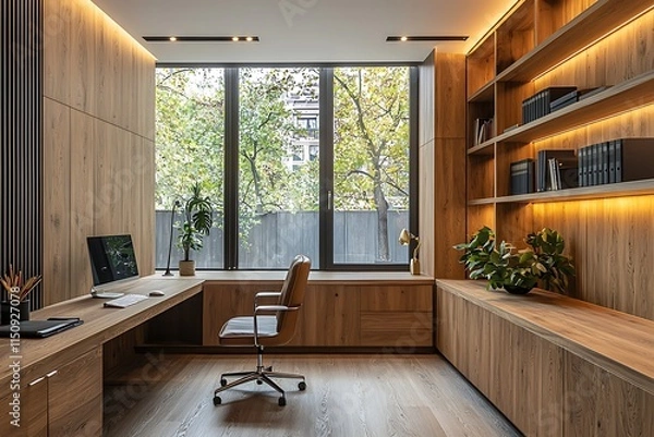 Obraz Wooden wall panels in a light oak finish creating a minimalist yet sophisticated look in a luxury home office