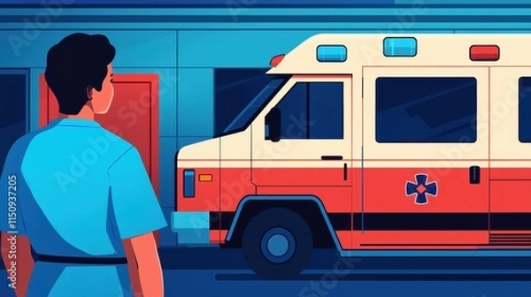 Fototapeta Emergency response action paramedic and ambulance at city hospital digital art urban environment front view healthcare awareness