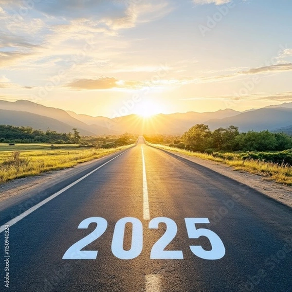 Fototapeta A clear open roadway heading into a distant sunny horizon, marked with the year 2025, symbolizing an open future and endless possibilities ahead with bright sun.