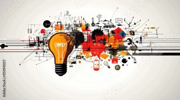 Obraz Illuminating Creativity - Pop Art Lightbulb Surrounded by Vibrant Innovation Icons