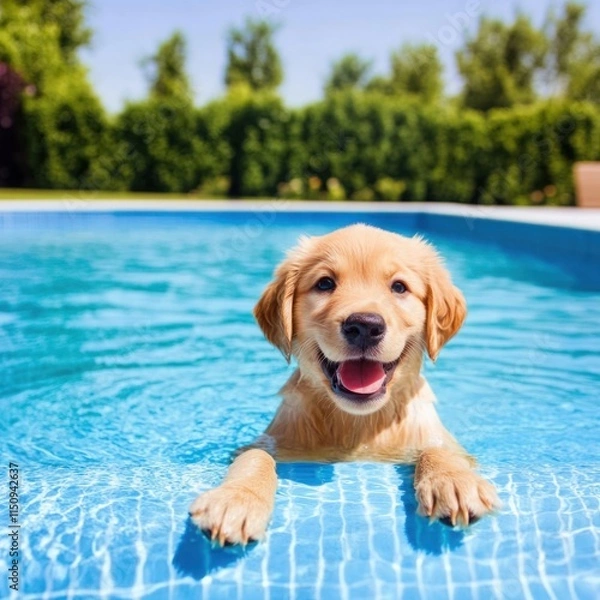 Fototapeta Happy Golden Retriever Puppy Enjoying a Refreshing Swim in a Bright Blue Pool Surrounded by Lush Green Grass and Trees Under a Clear Sunny Sky