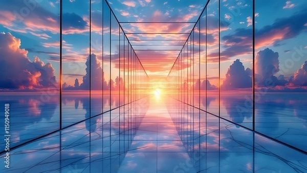 Obraz Abstract Business Background with Reflective, Geometric Shapes, and Beautiful Bright Sky.