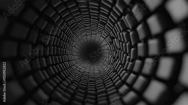 Fototapeta Into the Unknown:  A mesmerizing black and white photo of a tunnel, a labyrinth of repetitive shapes, leading towards the unknown.