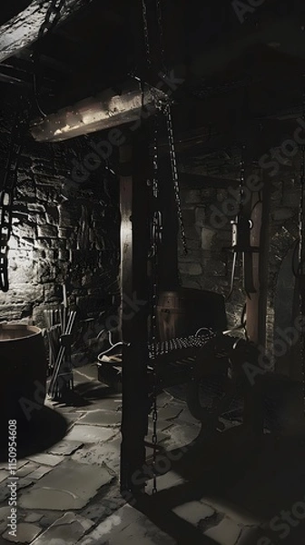 Fototapeta Dark and foreboding medieval torture chamber with grim instruments, creating an eerie atmosphere