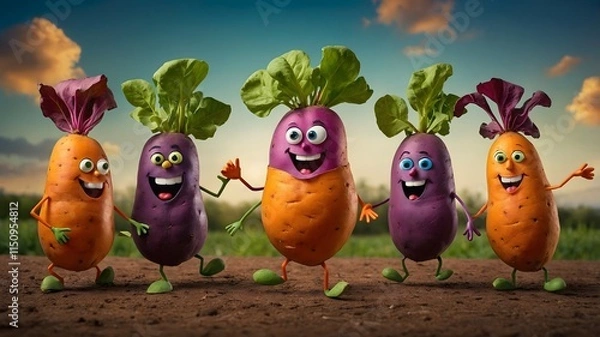 Fototapeta Whimsical Sweet Potato Crew: Fun and Music in a Playful Cartoon Universe