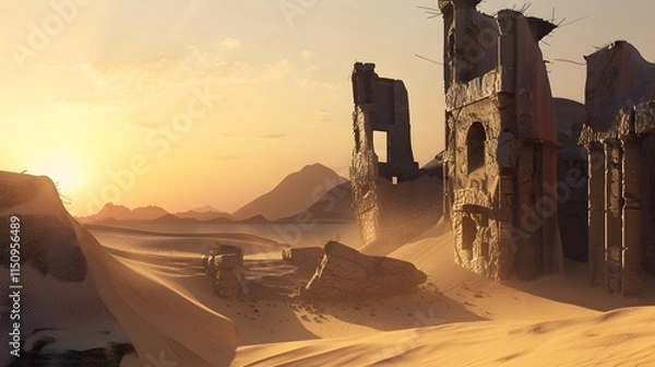Fototapeta A vast desert landscape with ancient ruins emerging from the sand, showcasing a historic scene.