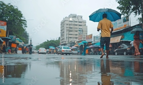 Obraz A man walks barefoot in the rain, carrying an umbrella, through a busy city street. The reflection of the city and the man are visible on the wet street.