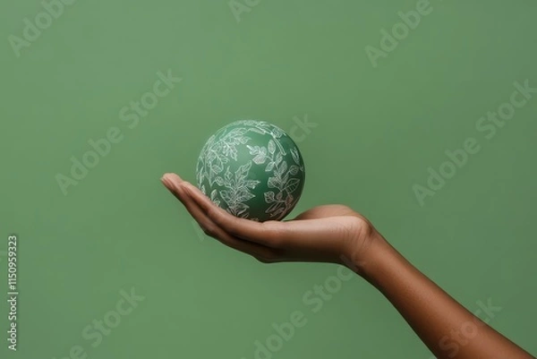 Fototapeta A human hand gently cupping a Net Zero icon with floating carbon-neutral symbols, on a clean green background, symbolizing climate action.