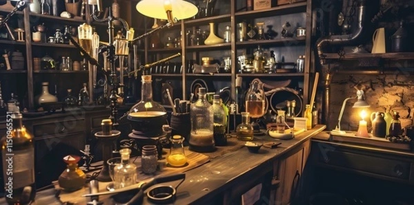 Fototapeta A dimly lit medieval alchemists laboratory with magical potions, scrolls, and ancient tools.