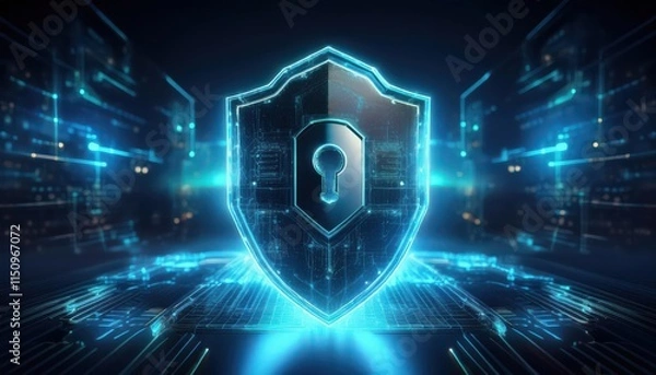 Fototapeta A digital shield with a padlock symbol, glowing in blue, representing cybersecurity and data protection in a futuristic environment.