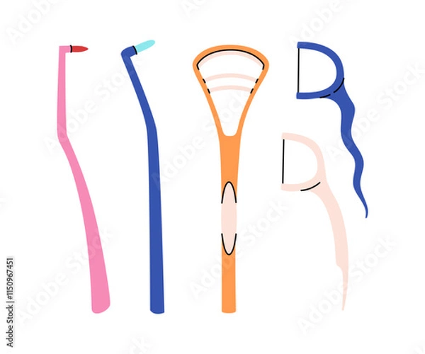 Obraz Set of oral hygiene products in a flat style. Different toothbrushes, mono beam brush, tongue scraper, dental floss. Teeth cleaning accessories. Colorful vector set