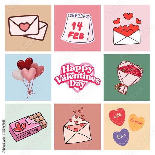 Fototapeta A vibrant Valentine's Day clip art featuring hearts, roses, cupid, and romantic elements. Perfect for cards, invitations, or decorations, adding charm and love to your creative projects.