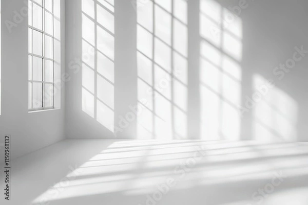 Fototapeta Sunlight streams through window casting shadows on a white room's wall and floor.