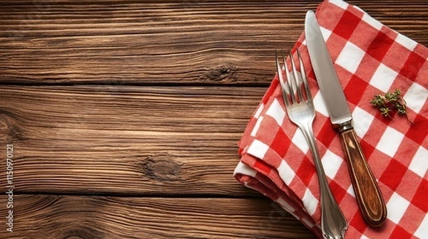 Fototapeta Table top gingham concept. A red and white checkered napkin with a knife and fork on a rustic wooden table background.