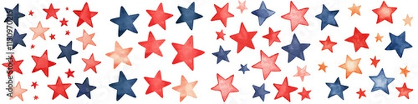 Fototapeta Presidents day element, Colorful watercolor stars red, blue, and peach tones create festive, isolated on transparent background.