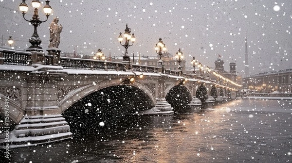 Obraz Parisian Bridge in Winter Snowfall
