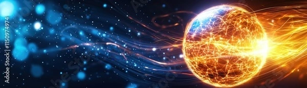 Fototapeta A vibrant depiction of a glowing planet surrounded by dynamic energy waves, blending blue and orange hues in a cosmic setting.