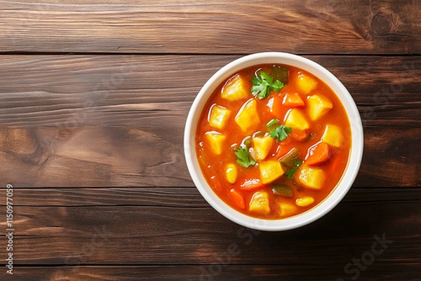 Obraz A bowl of Potato curry on wooden table background with copy space
