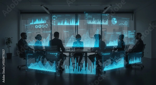 Obraz Business Team Meeting Data Analysis Tech Graphs Charts Meeting Room Modern Office Futuristic