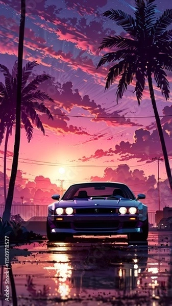 Fototapeta Car on the road anime style, car wallpaper 