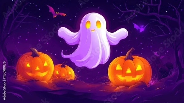 Fototapeta Happy Halloween Ghost: A friendly, smiling ghost floats among glowing jack-o'-lanterns in a whimsical Halloween night scene.  The purple sky shimmers with stars,  while bats flit above.