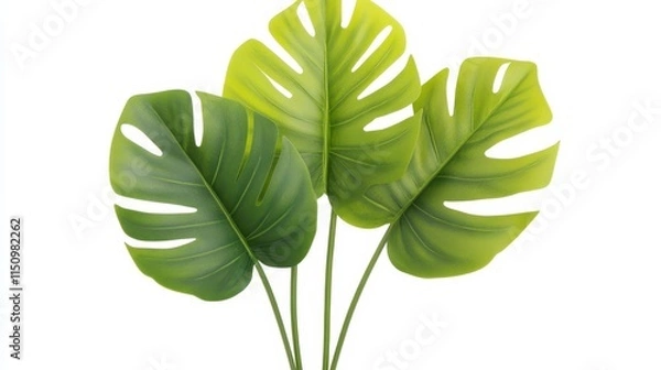 Fototapeta A vibrant display of three large, green monstera leaves, showcasing their iconic split and perforated design, perfect for home decor.