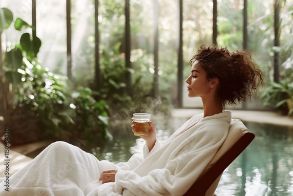 Fototapeta Young woman relaxing in bathrobe drinking herbal tea by indoor pool in luxury spa