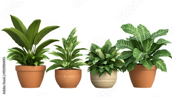 Fototapeta Four Distinct Potted Plants, A Showcase of Foliage and Textural Planters, Perfect for Interior Decor and Green Spaces Design, on a Minimalist Black Background,