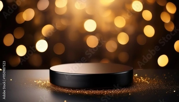 Fototapeta A sleek black platform with shimmering golden bokeh in the background, creating an elegant and festive atmosphere.