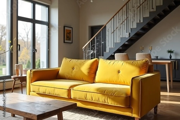 Fototapeta Yellow tufted sofa near rustic coffee table. Scandinavian home interior design of modern two story living room.