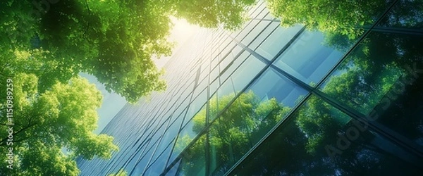 Fototapeta A modern building reflecting sunlight and surrounded by lush greenery.