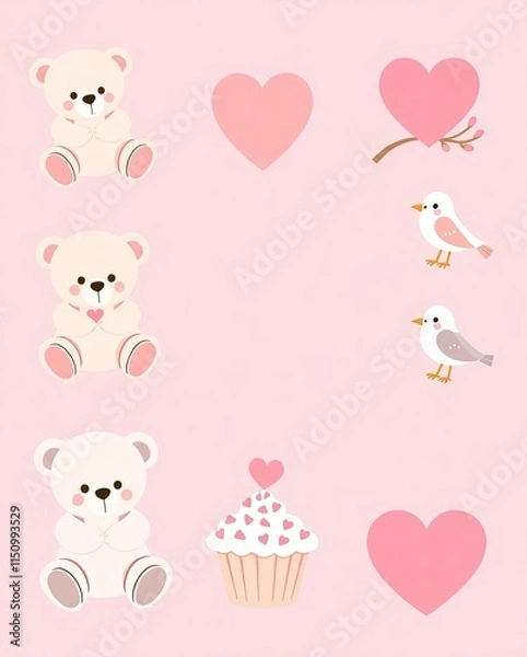 Obraz A pastel-themed Valentine icon set with teddy bears, cupcakes, and lovebirds.